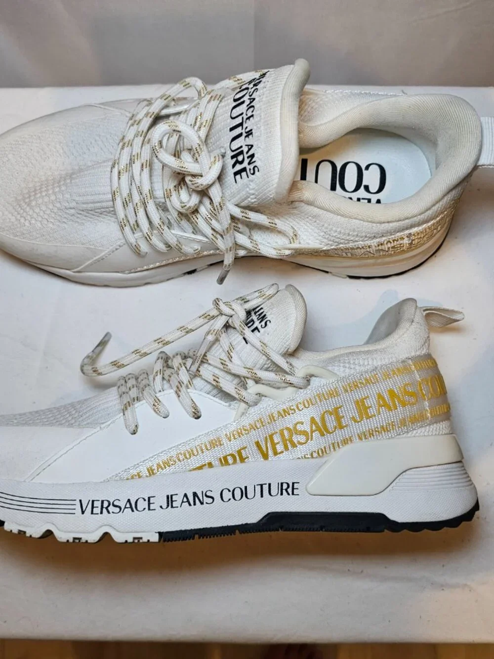 Versace Jeans Couture Dynamic Logo Sneakers White Gold Women's US 5